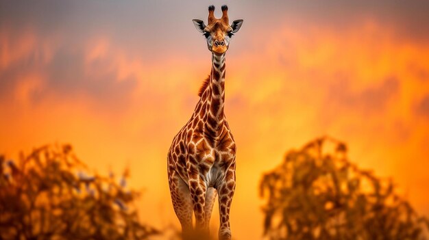 La girafe majestueuse au coucher du soleil