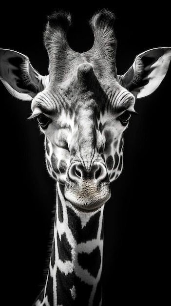 Photo girafe majestueuse sur fond sombre en ia générative noir et blanc