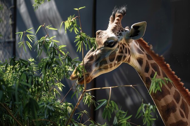 Une girafe mange des feuilles d'un arbre.