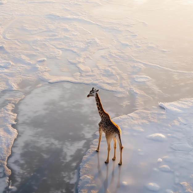 Girafe marchant sur la glace
