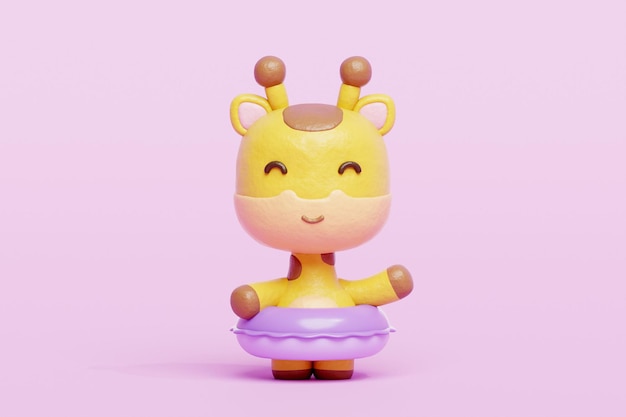 Girafe mignonne en 3D avec anneaux de natation en caoutchouc Personnage animal de dessin animé rendu 3D