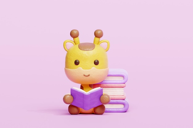 Girafe mignonne en 3D lisant un livre Personnage animal de dessin animé Rendu 3D