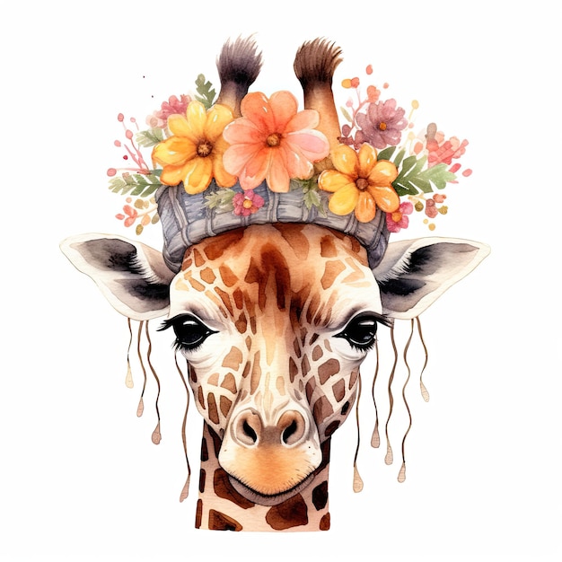 Girafe mignonne au chapeau avec fleur Illustration aquarelle AI GenerativexA