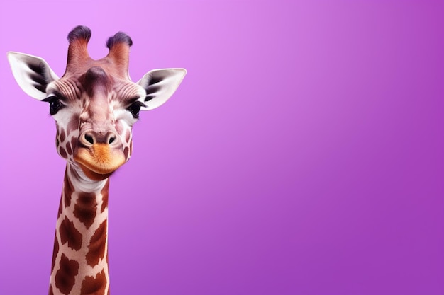 Girafe mignonne dans le coin sur fond violet minimaliste généré par l'IA