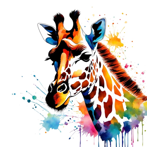 une girafe mignonne avec des éclaboussures colorées d'aquarelle sur un fond transparent