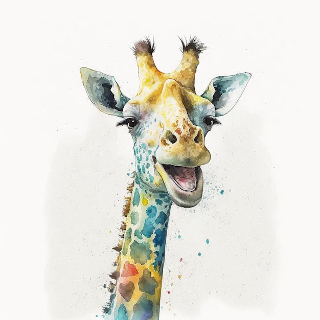 Une girafe avec un motif bleu et jaune sur le visage