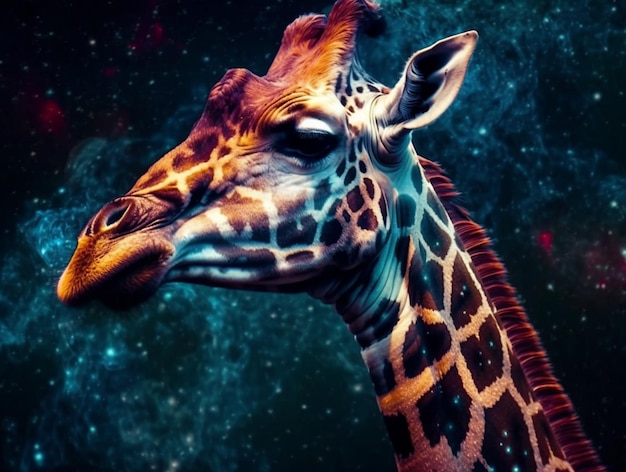 Une girafe avec un motif coloré sur son visage est montrée dans cette illustration.