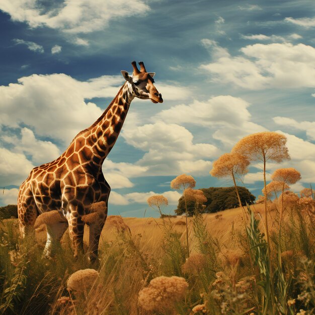 Photo la girafe paît tranquillement dans la prairie