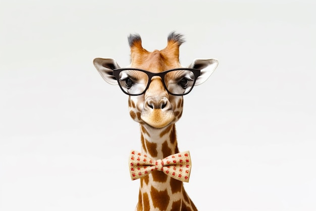 Photo girafe portant des lunettes et un nœud papillon avec un fond blanc generative ai