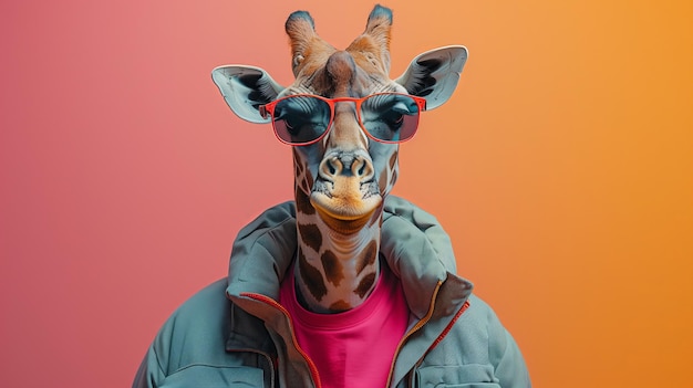 Photo une girafe portant une veste grise et un t-shirt rouge posant devant un fond rose portant des lunettes de soleil regardant la caméra collage d'art surréaliste en gros plan