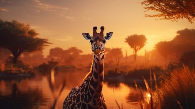 Une girafe près d'un plan d'eau