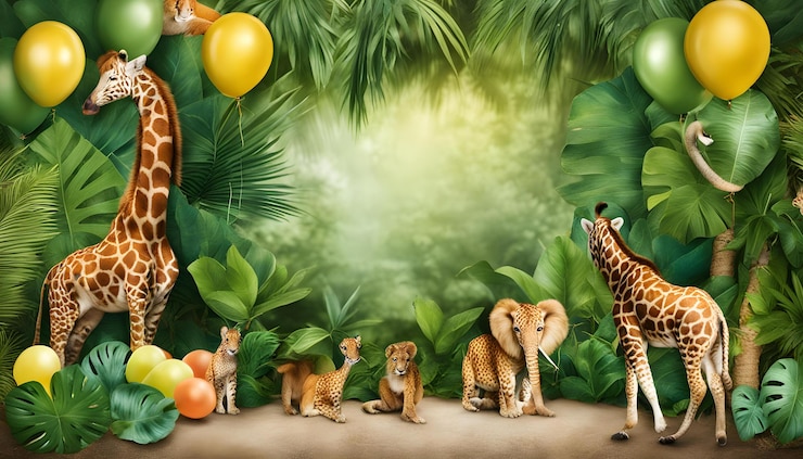 Photo une girafe et quelques animaux sont dans une jungle avec des ballons et le mot girafe