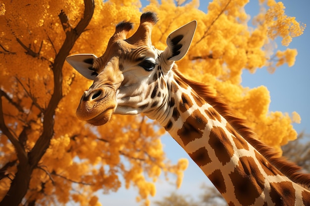 Une girafe qui cherche des feuilles dans un grand acacia