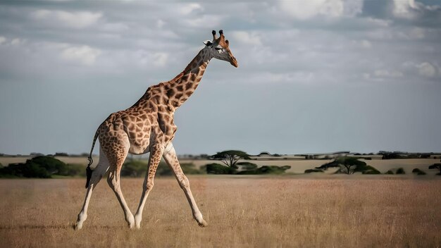 Une girafe qui marche dans la savane.