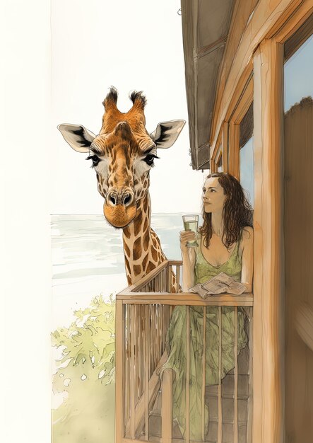 Photo une girafe regardant une femme et une femme sur un balcon