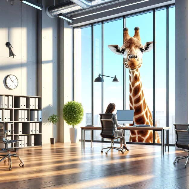 Une girafe regarde par la fenêtre d'un bureau d'un immeuble de grande hauteur Visiteur inattendu