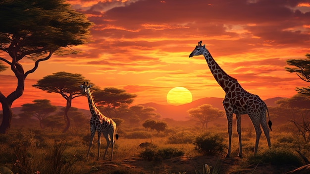 Girafe sur la savane avec le coucher du soleil Generative AI