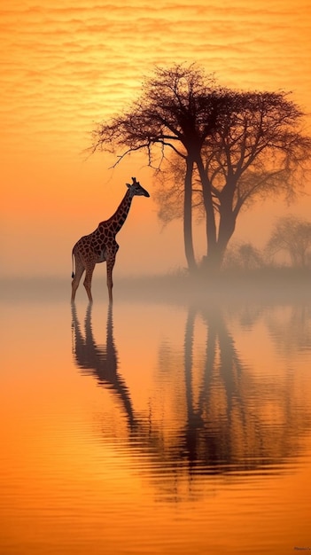 Une girafe se dresse dans un lac avec un coucher de soleil en arrière-plan.