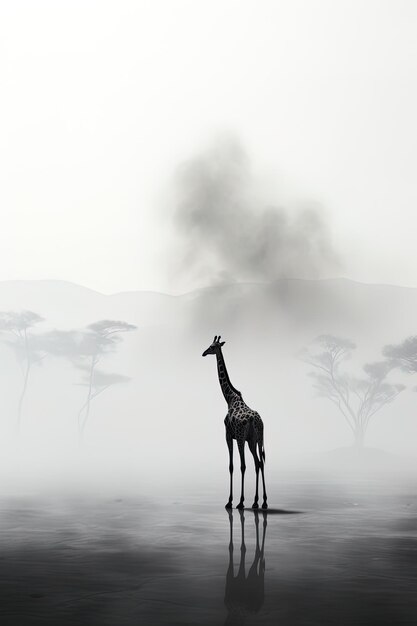 Photo une girafe se tient au milieu d'une forêt brumeuse