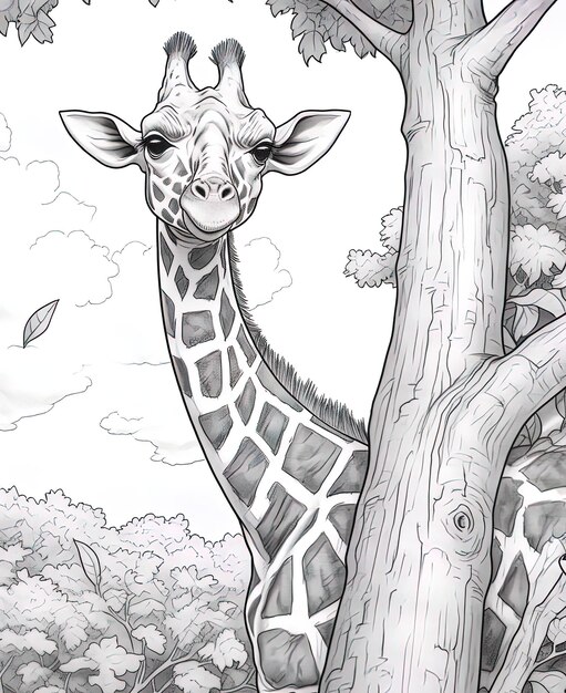 une girafe se tient à côté d'un arbre et a un dessin d'une girafe dessus