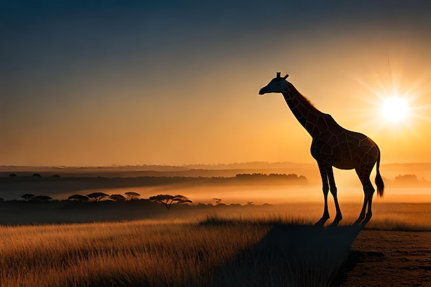 Une girafe se tient dans un champ avec le soleil se couchant derrière elle.