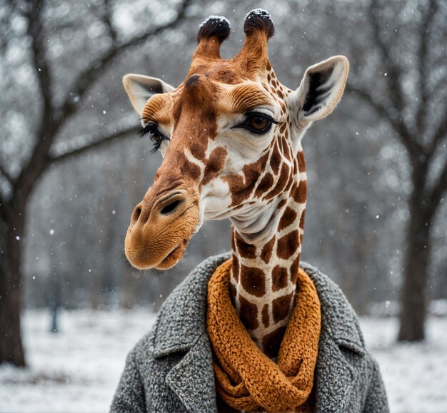 une girafe se tient dans la neige avec un foulard autour de son cou