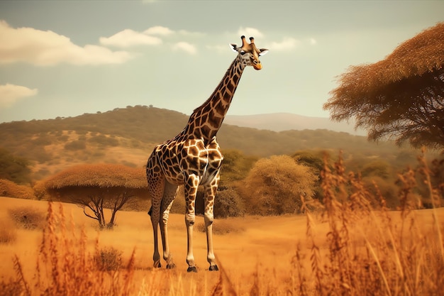Une girafe se tient debout dans un champ avec des arbres et des montagnes en arrière-plan