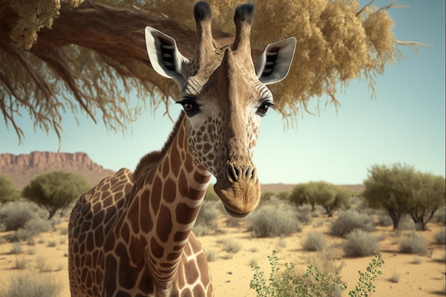 Une girafe se tient debout dans un désert avec un arbre au premier plan.