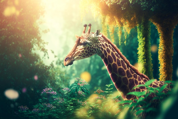 Une girafe se tient debout dans une jungle avec un fond vert et le soleil qui brille dessus.