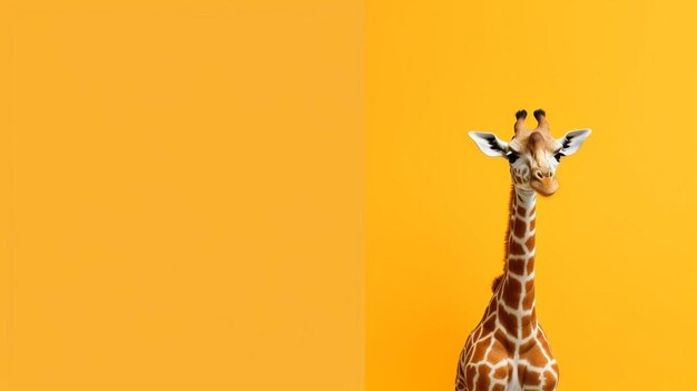 Une girafe se tient devant un mur jaune qui dit " girafe ".