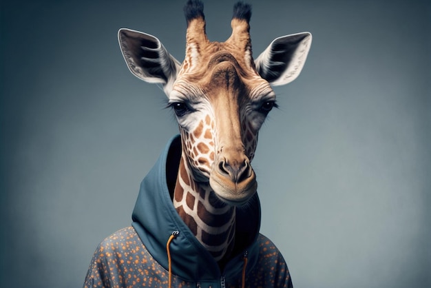 Une girafe avec un sweat à capuche avec le mot girafe dessus