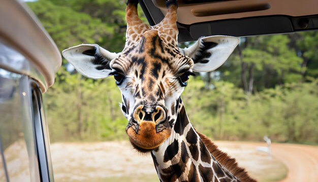 une girafe avec une tête de girafe et la langue pendante.