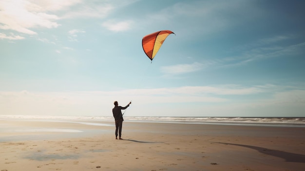 Girafe volant un cerf-volant sur la plage par une journée ensoleillée Generative AI