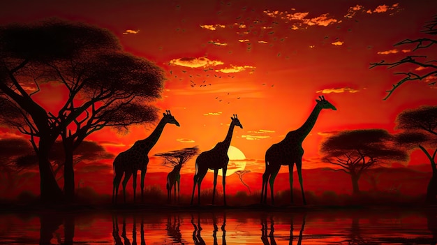 Girafes en Afrique au coucher du soleil