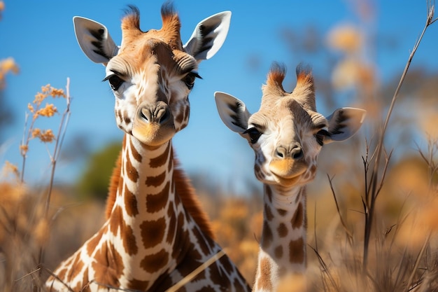 Les girafes au milieu du vert avec l'IA générative du ciel bleu