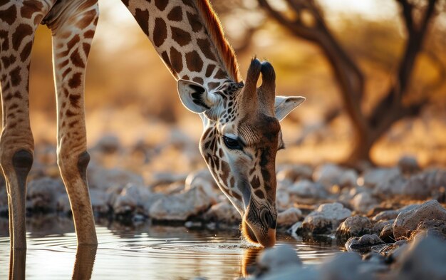 Photo les girafes boivent à l'oasis d'eau claire