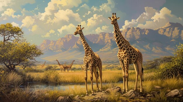 des girafes dans la savane avec un fond de montagne