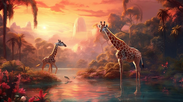 Photo des girafes dans une scène de jungle avec un coucher de soleil en arrière-plan