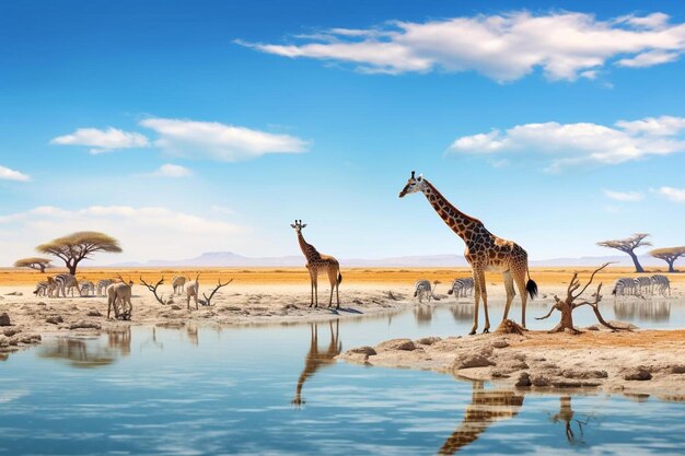 des girafes et des girafes dans l'eau avec des montagnes en arrière-plan