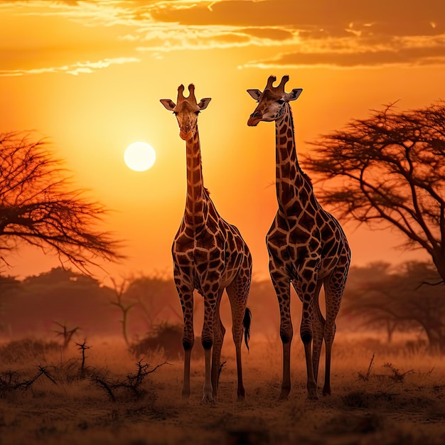 Girafes royales contre un coucher de soleil africain