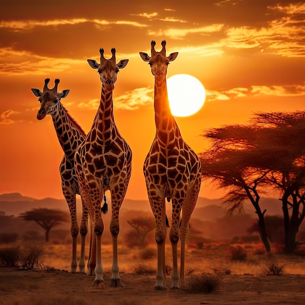 Girafes royales contre un coucher de soleil africain