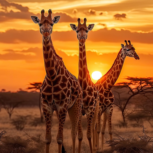 Girafes royales contre un coucher de soleil africain