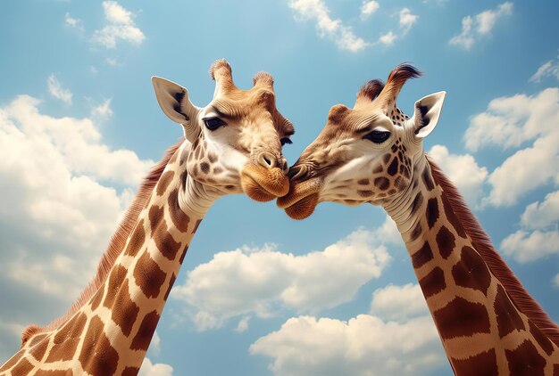 des girafes s'embrassant contre un ciel bleu dans le style de la légèreté