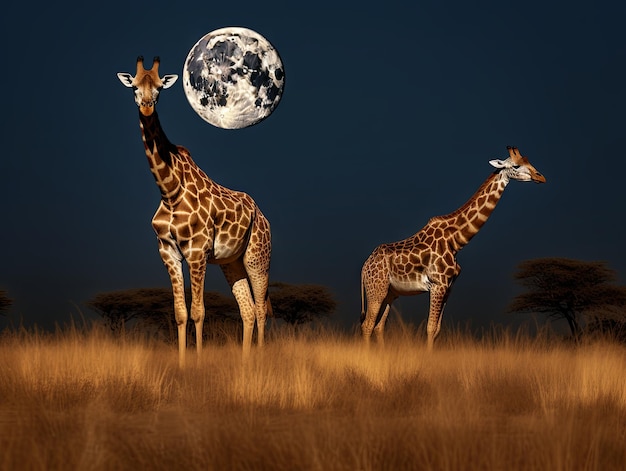 Des girafes se promènent à travers la savane sous la lune d'août.