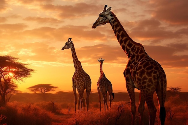 Les girafes se tiennent dans la nature, avec un coucher de soleil derrière elles.