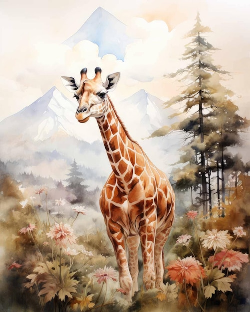 Giraffe Double exposition d'une girafe et de la nature des montagnes des arbres dans l'art à l'aquarelle