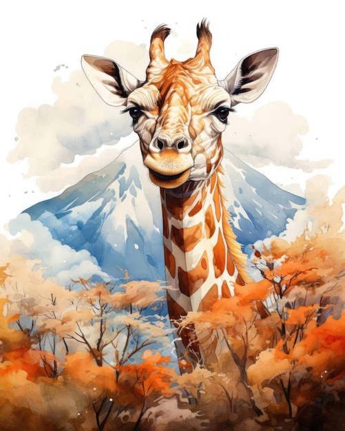 Giraffe Double exposition d'une girafe et de la nature des montagnes des arbres dans l'art à l'aquarelle