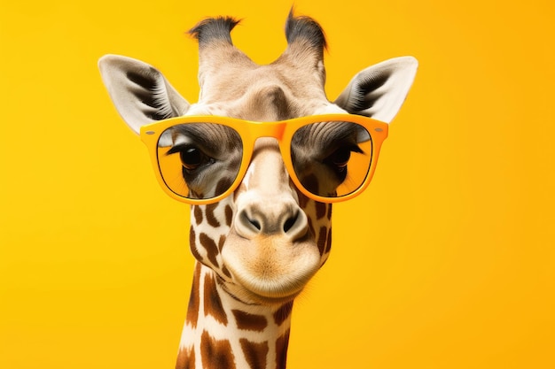 Giraffe drôle avec des lunettes de soleil sur fond jaune avec espace de copie