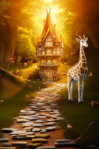 Giraffe entourée de livres sur un fond de pays des merveilles Style de dessin animé généré par Ai