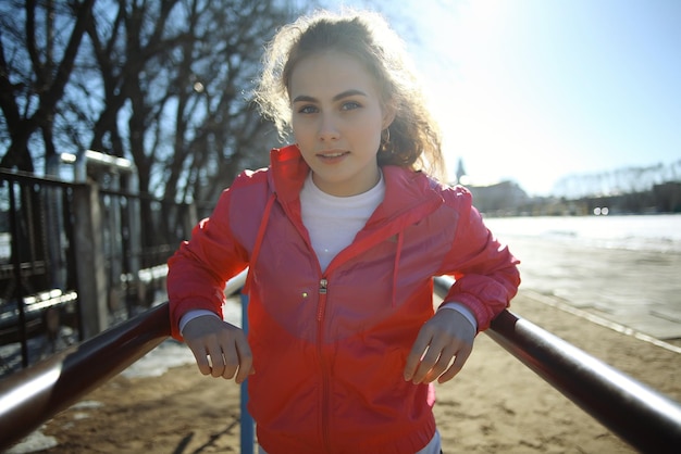 girl, athlète, gymnastique, printemps, dehors